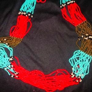 Red, teal and copper seed beads necklace and earring set